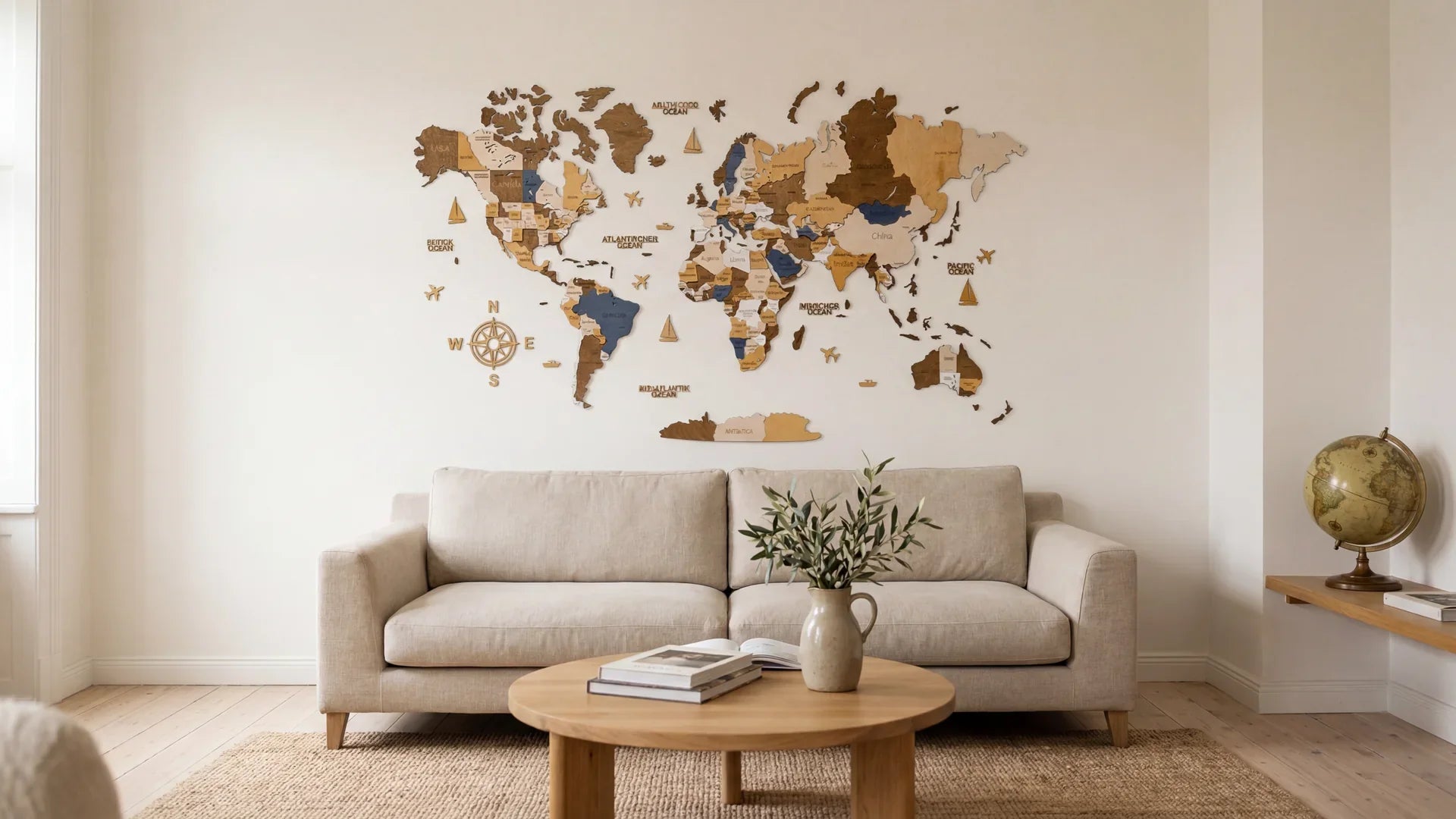 Multicolor 3D wooden world map above a sofa in a bright living room, WOW WOOD
