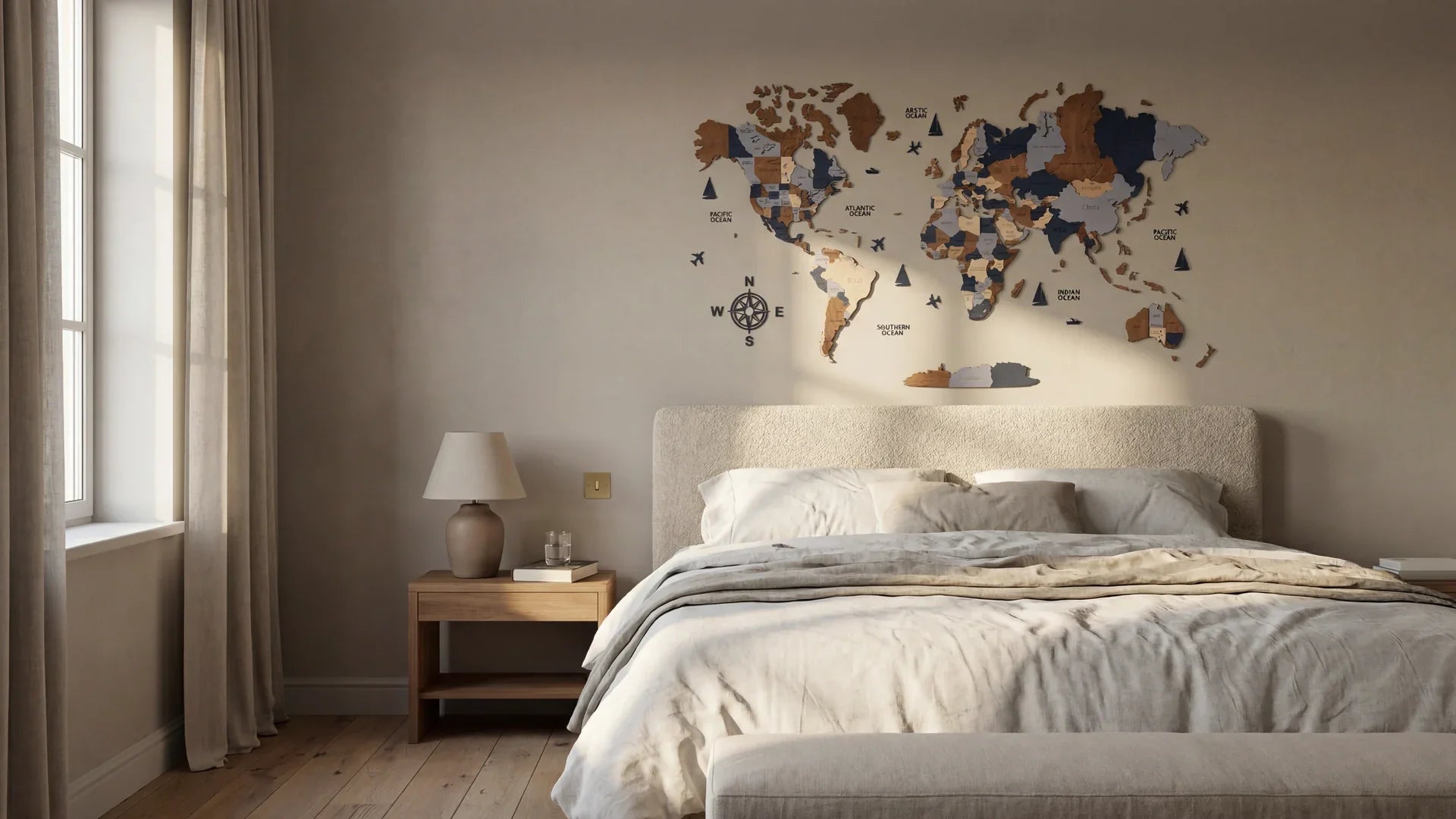 WOW WOOD Dark Brown 3D wooden world map above an upholstered headboard in a calm European bedroom, birch plywood M size