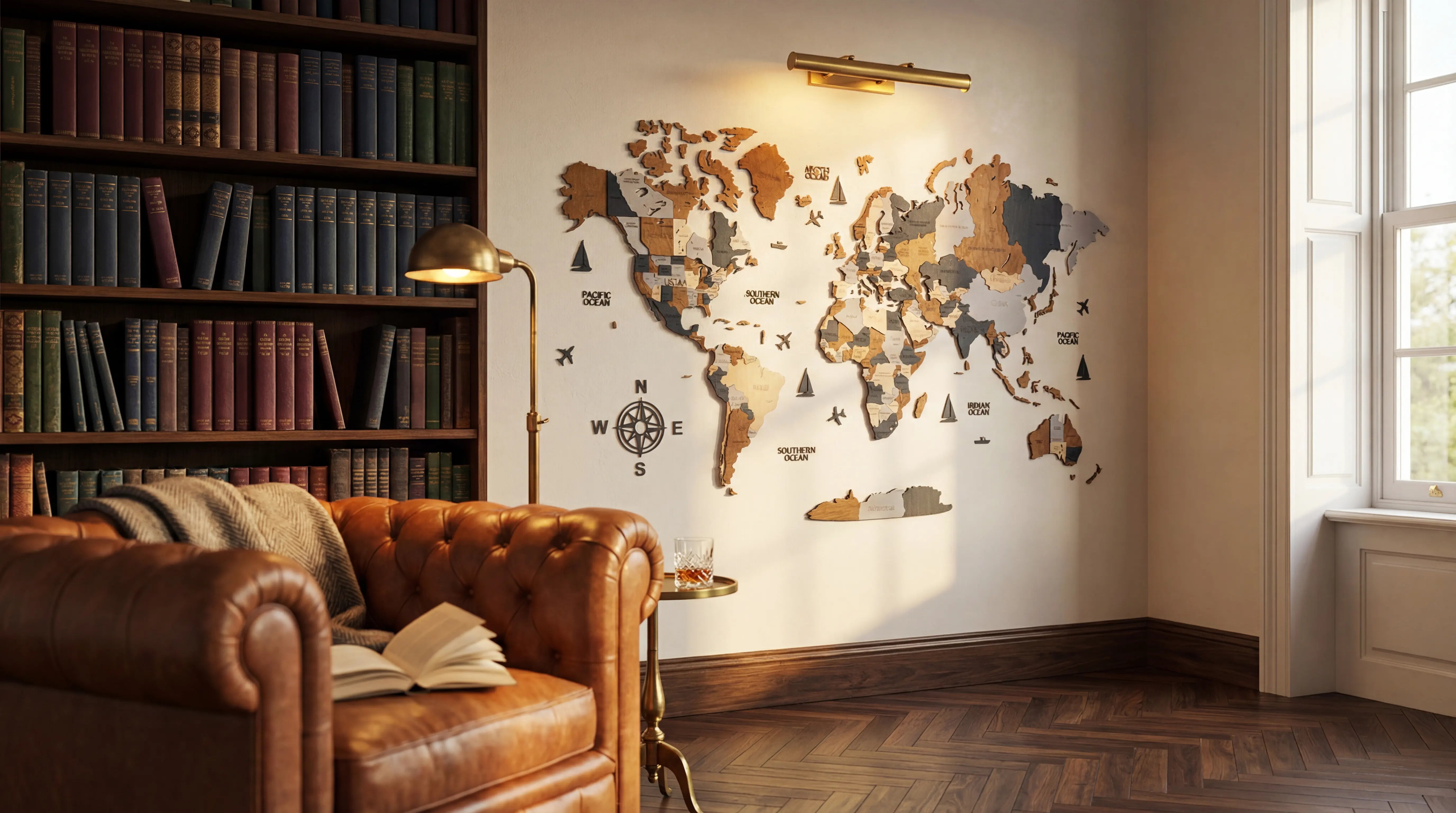 WOW WOOD 3D wooden world maps — three finishes Natural Wood Dark Brown Multicolor — displayed in modern living room