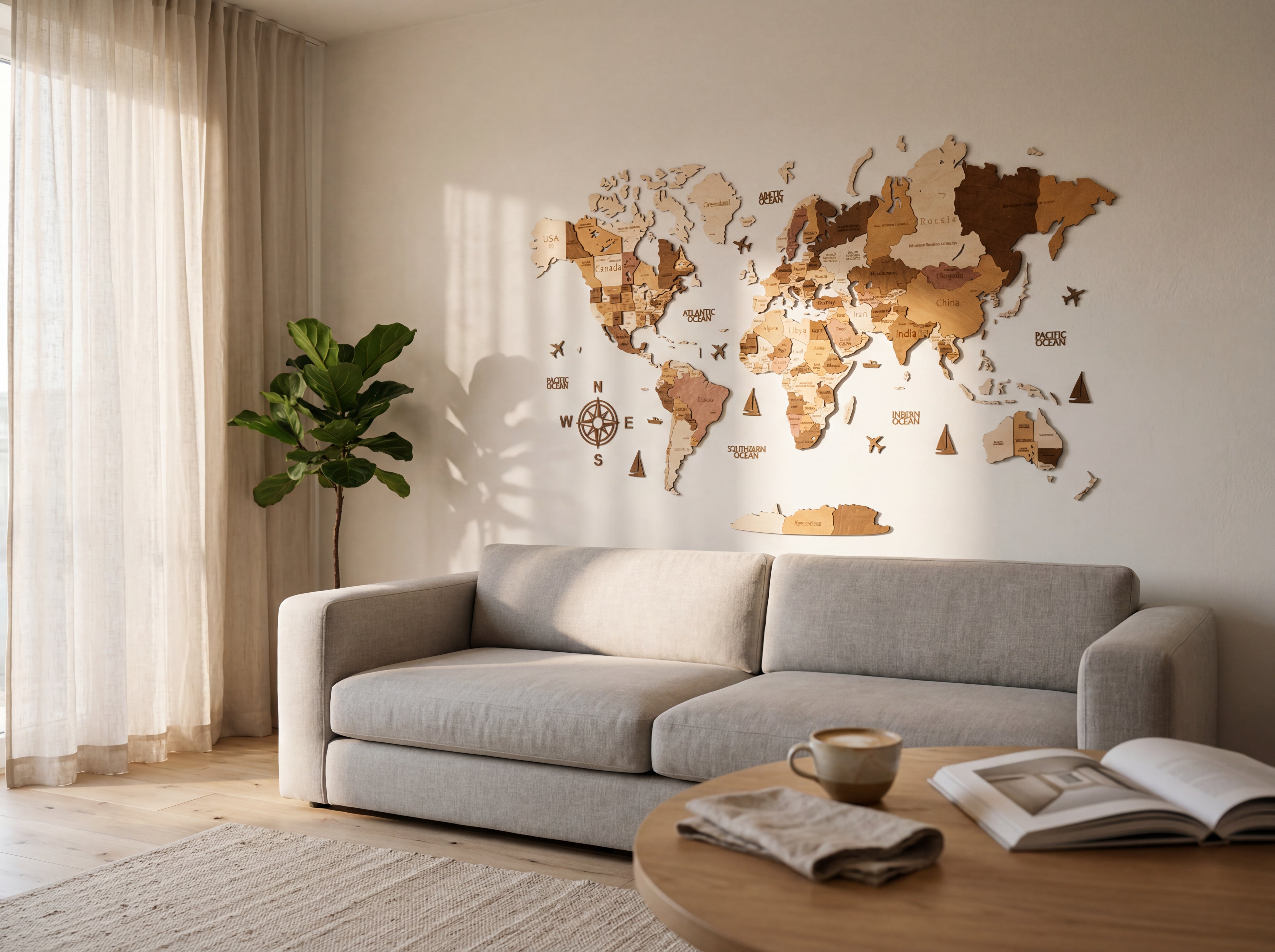 WOW WOOD 3D wooden world map Natural Wood finish in Scandinavian living room — untreated birch plywood with visible wood grain