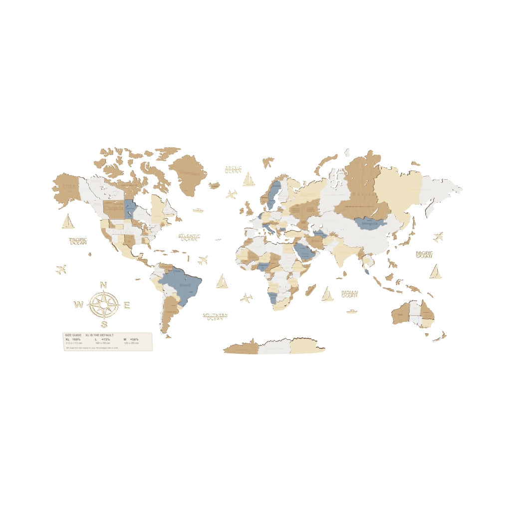 Drewniana mapa świata 3D — Wielokolorowa