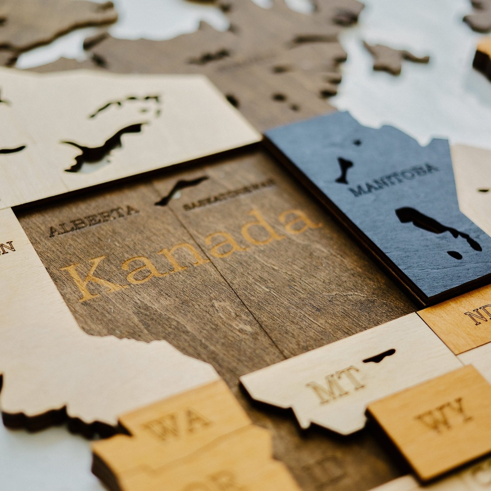 Premium Wanddekor 3D Weltkarte aus Holz in Deutsch mit Pins | Mehrfarbig - WOW WOOD