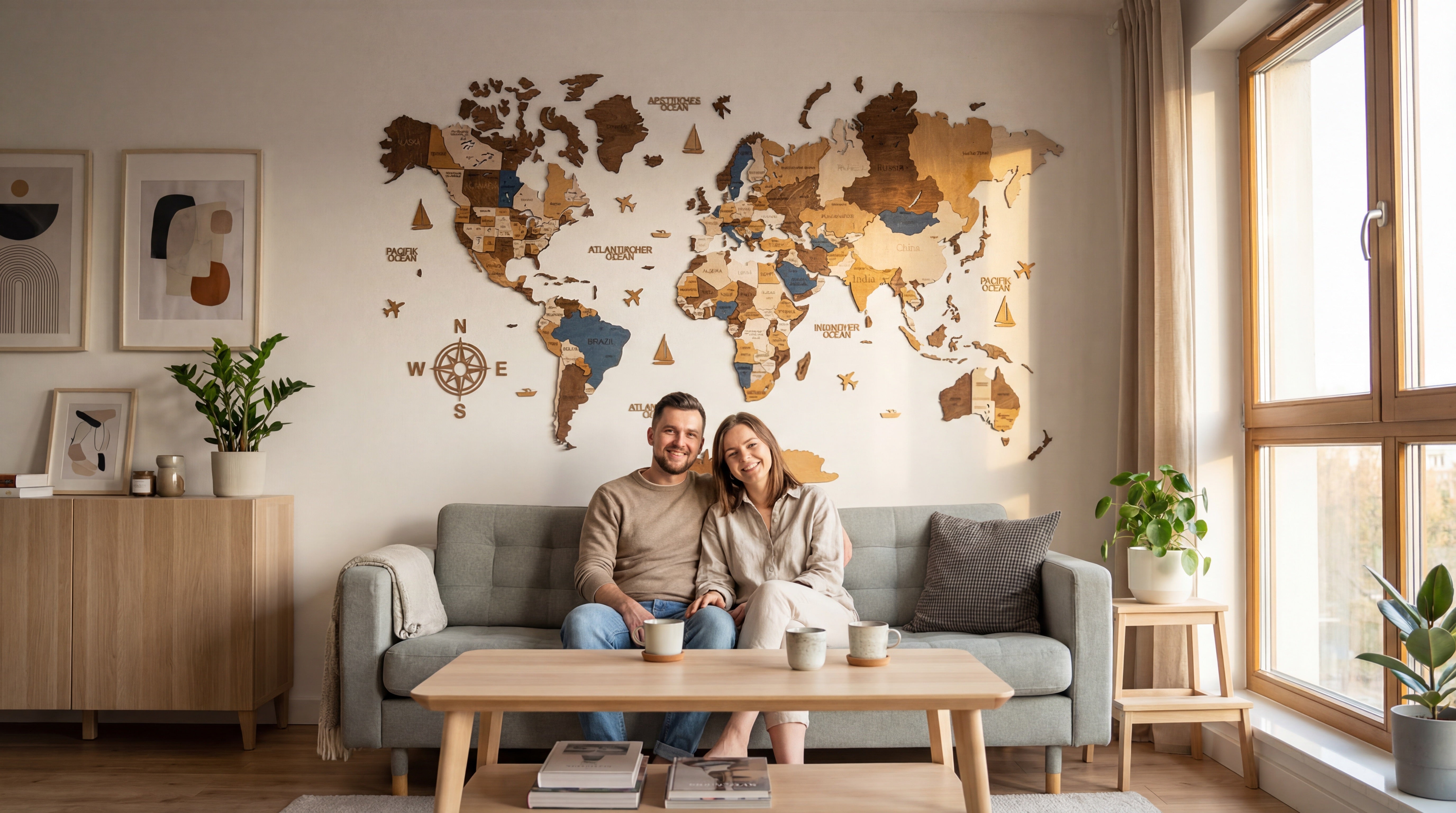 Wooden world map on the wall above the sofa in the living room