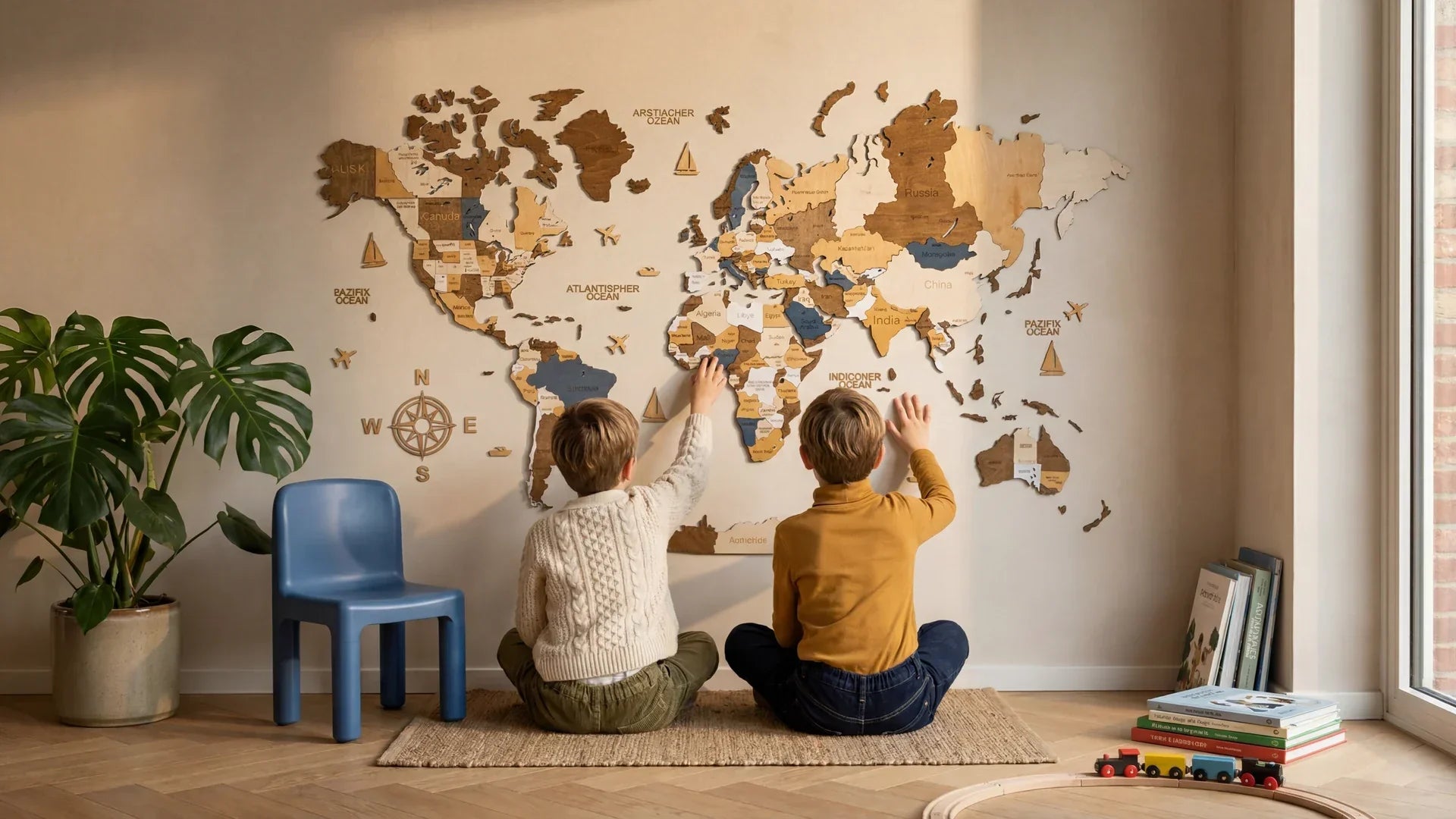 Two children sitting in front of a WOW WOOD wooden world map in a contemporary kids' room