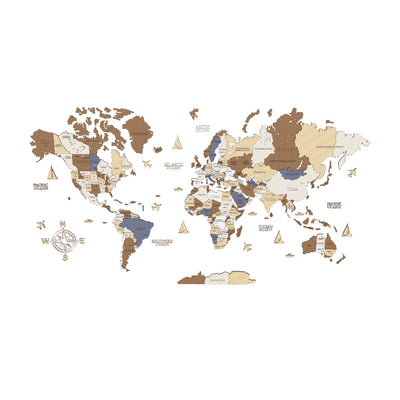 Drewniana mapa świata – wielokolorowa | Duża dekoracja ścienna dla miłośników podróży