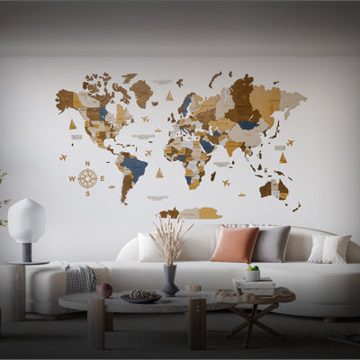 Wooden World Map - Multicolor Wood colouring | Large Wall Decor for Travel Lovers | Available in English, German, Italian, French & Spanish - WOW WOOD