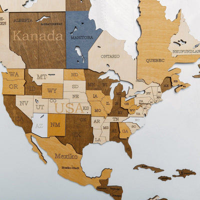 Premium Wanddekor 3D Weltkarte aus Holz in Deutsch mit Pins | Mehrfarbig - WOW WOOD